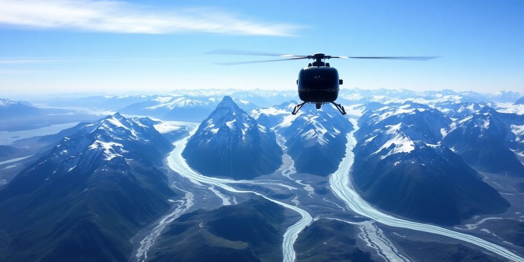 A helicopter flying over a vast Alaskan glacier and mountains.