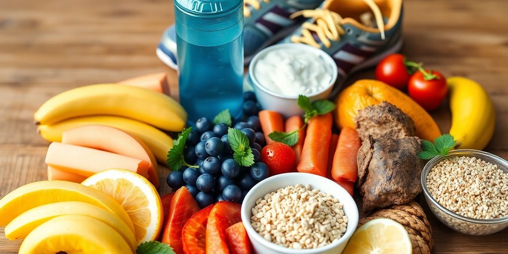 Healthy foods for post-marathon recovery on a table.