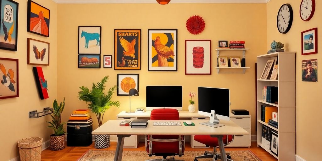 Colorful home office wall decor with modern accents.