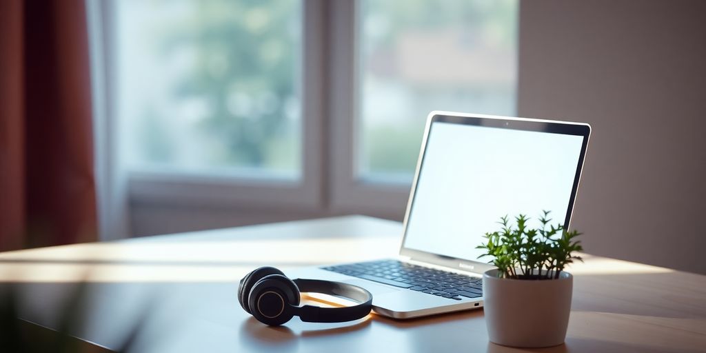 Calming workspace with laptop and potted plant.