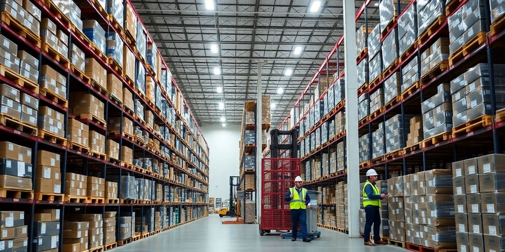 Organized warehouse with pallets and workers in safety gear.