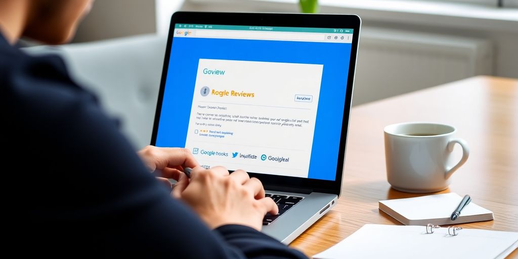 Person writing a review on a laptop with Google interface.