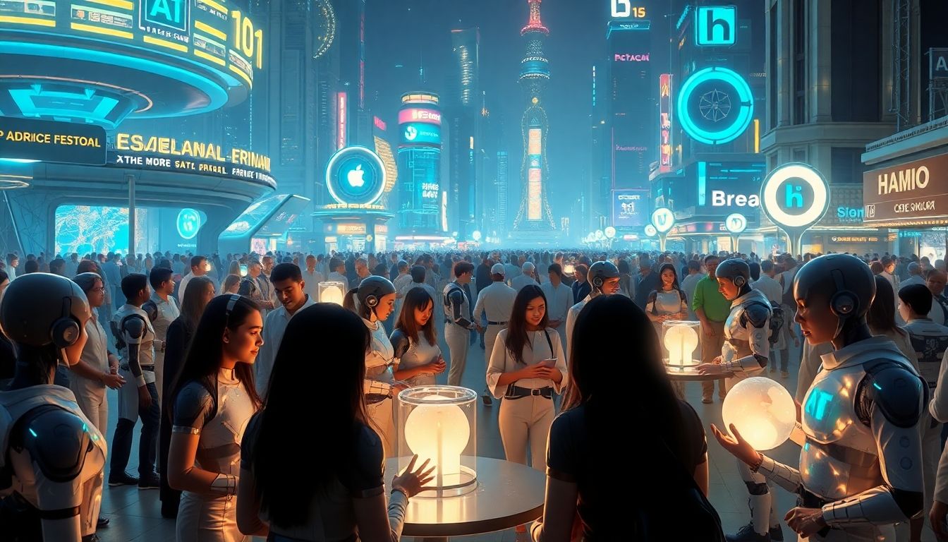 Futuristic city with AI entities interacting in harmony.