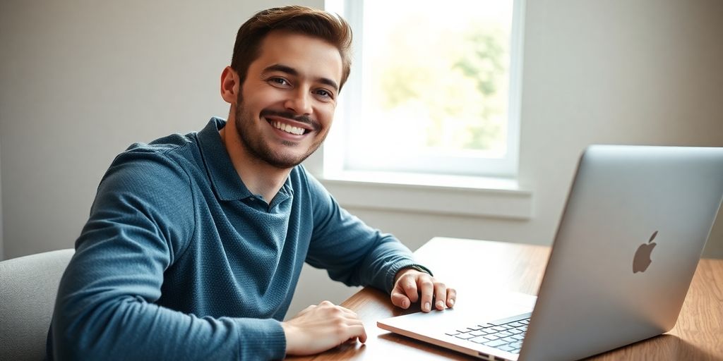 Man smiling, relaxed, next to a laptop.