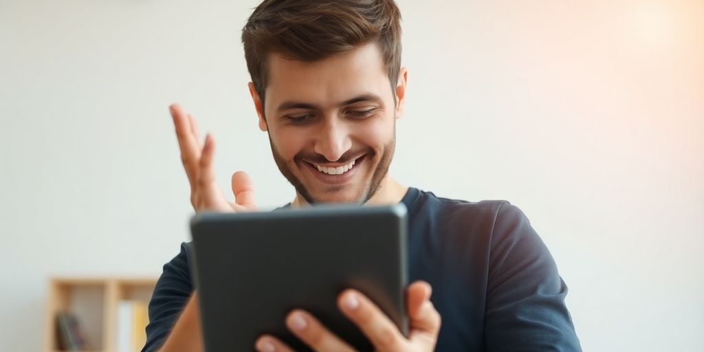 Homem com expressão de alívio olhando para um smartphone.