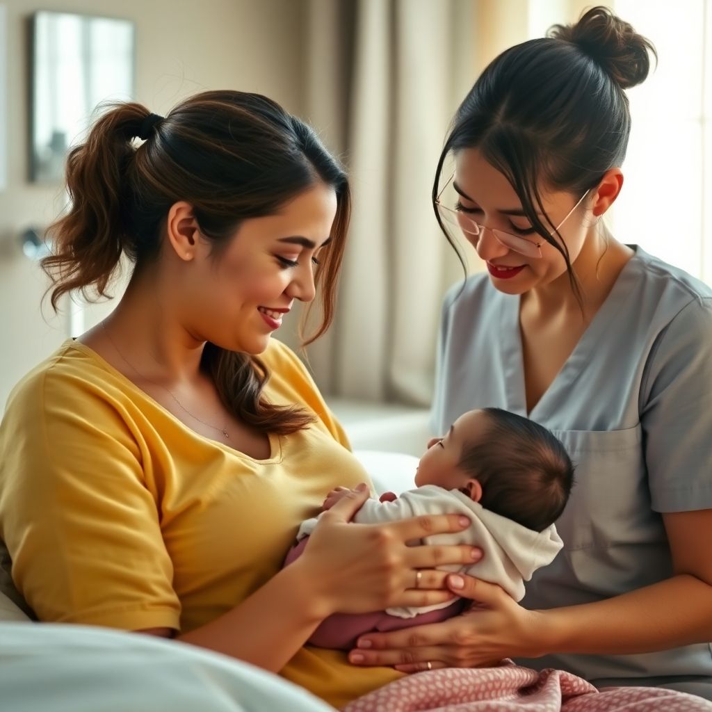 Lactation consultant helping a mother with breastfeeding.