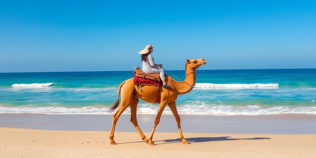 Camel rides on a sandy beach with blue ocean backdrop.