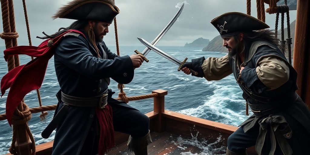 Pirates battling fiercely on a ship deck.