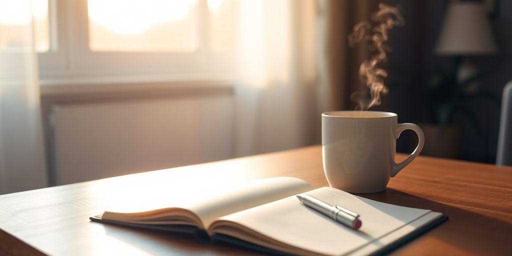 Sunrise, coffee, journal, calm, organized, productive, successful morning.
