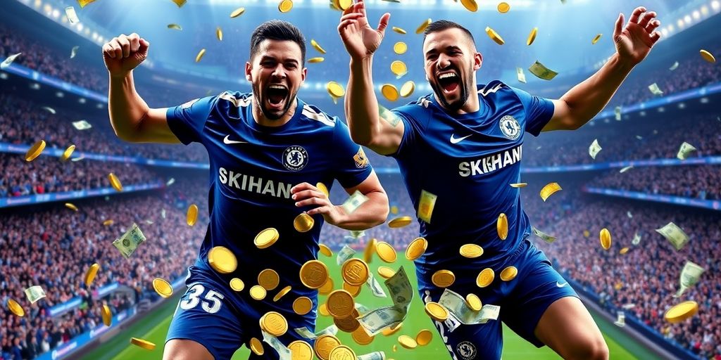 Chelsea players on field, money flying.