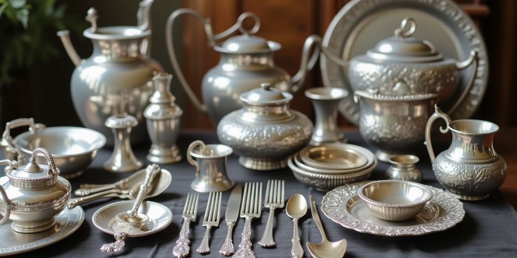 Vintage silver cutlery and ornate silver-plated items.