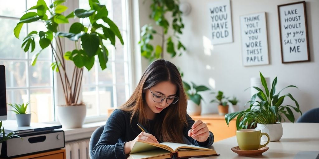 A person journaling in a bright, peaceful workspace.