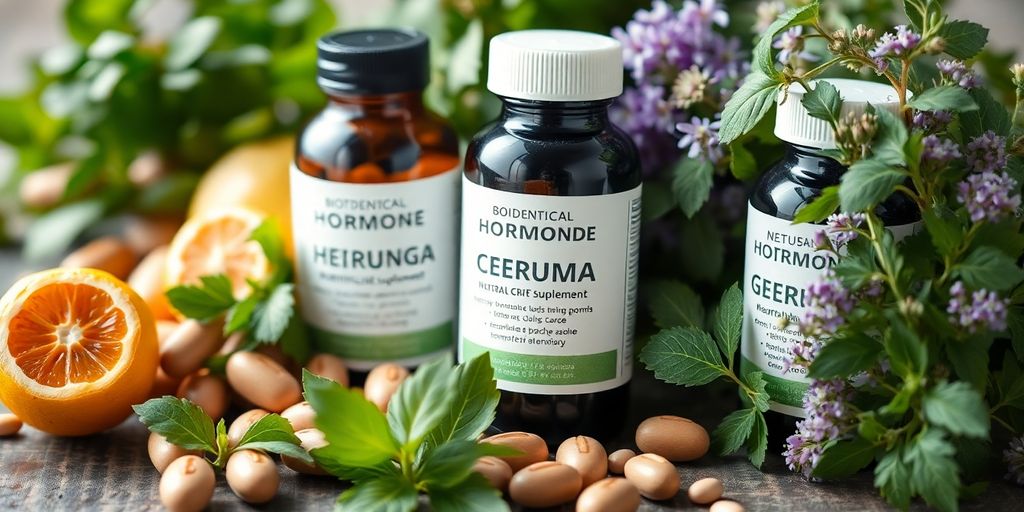 Suplementos naturais de hormônios com ervas frescas.