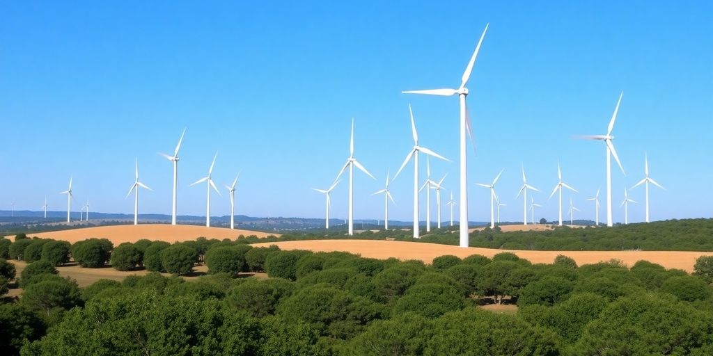 Turbinas eólicas em um campo verde sob céu azul.