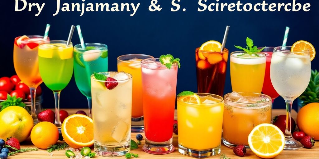 Colorful non-alcoholic drinks on a wooden table.