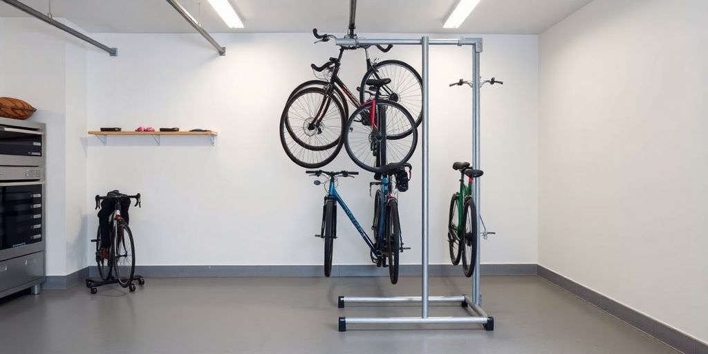 Sleek standing bike rack in a spacious garage.