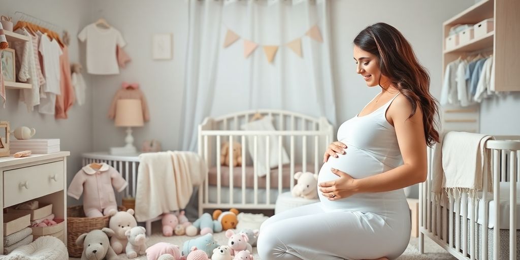 Schwangere Frau bereitet das Kinderzimmer vor.