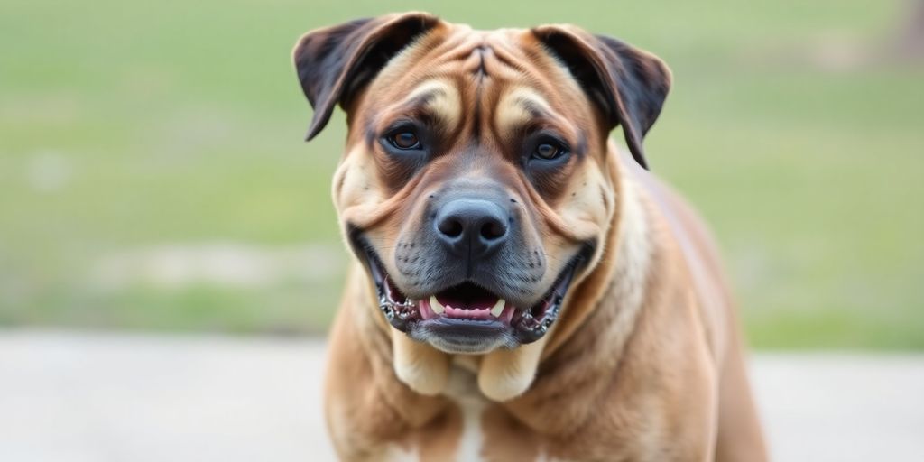 A happy Bullador dog with floppy ears and a friendly expression.