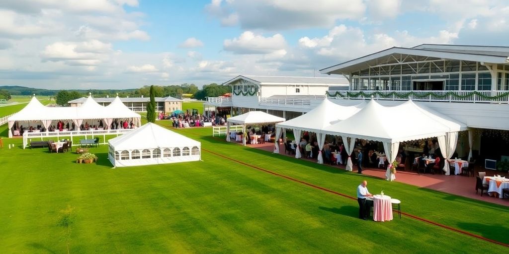 Outdoor party setup at Leicester Racecourse with decorations.