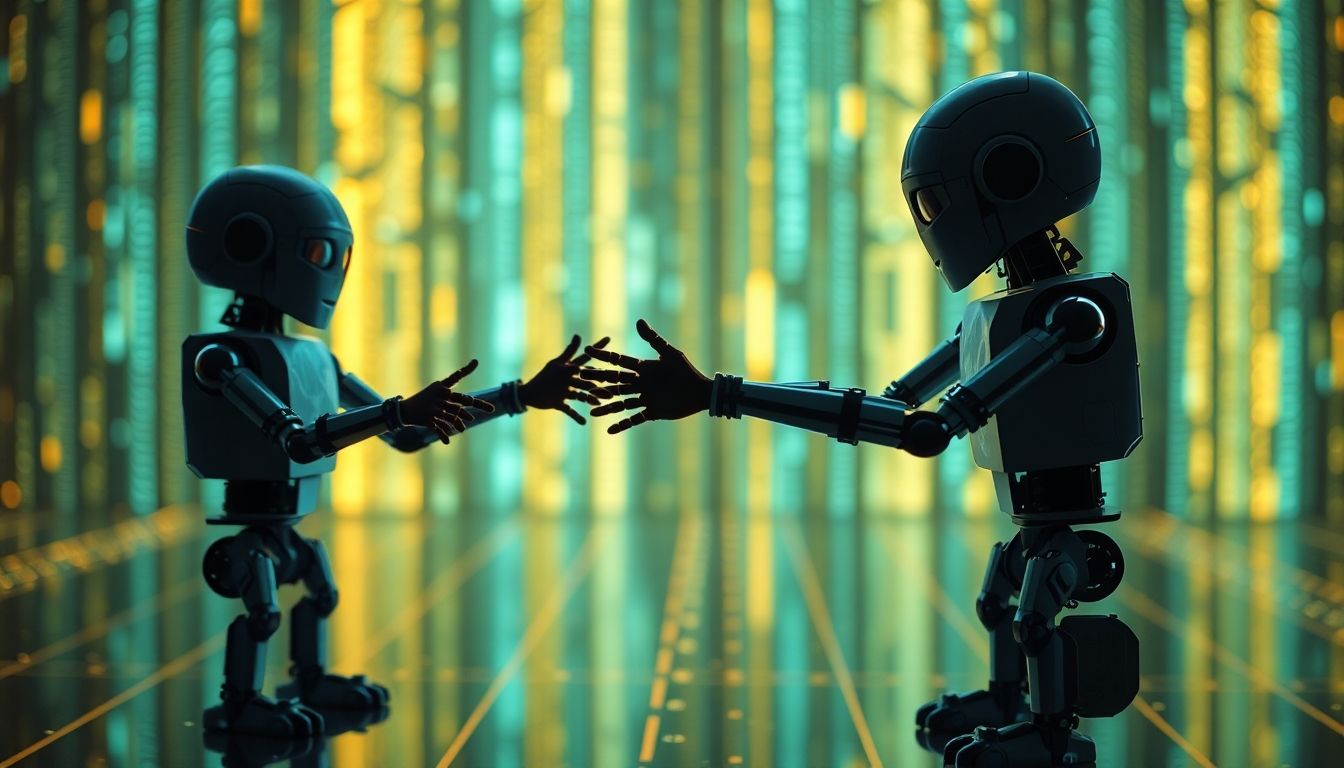 Two abstract AI figures facing each other, one blocking the other.