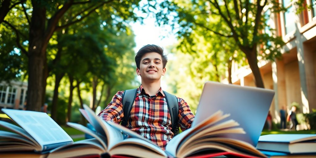 University student in a lively campus with books and laptop.