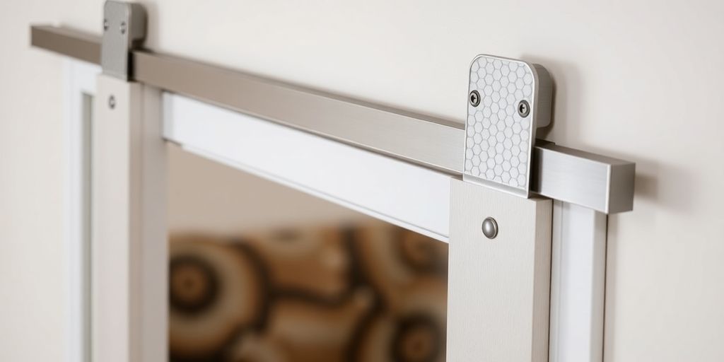 Stylish pocket door hardware with elegant tracks and rollers.