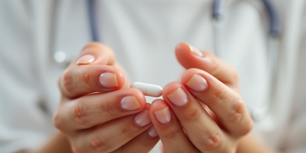 Wanita memegang pil di tangan