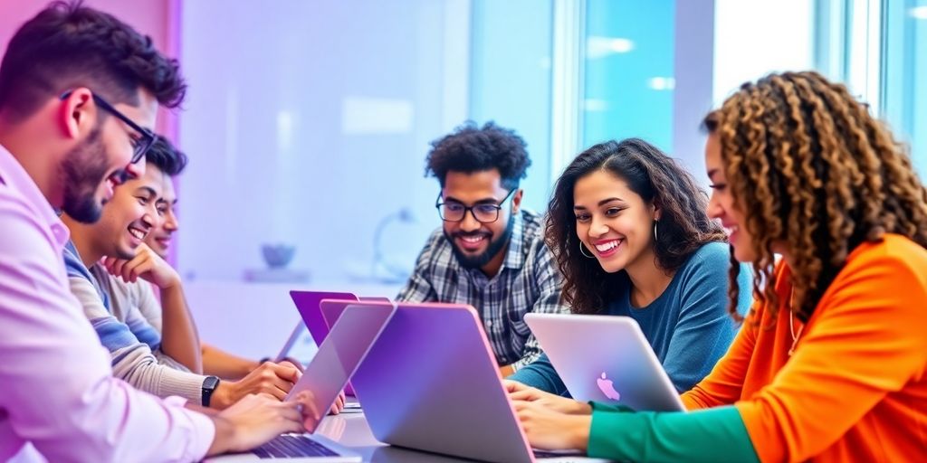 Diverse individuals collaborating on cryptocurrency learning.