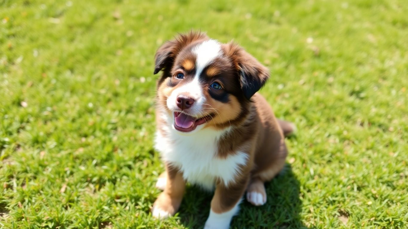 Aussie puppy sitting on grass looking up