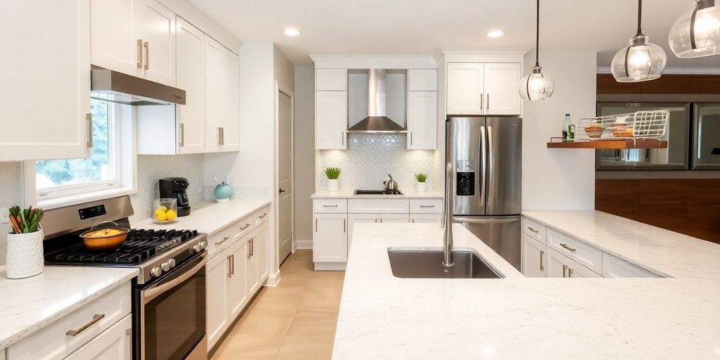 Renovated kitchen with modern design and ample space.