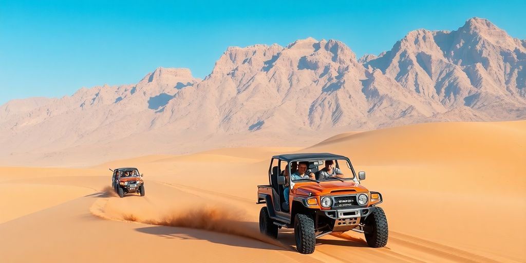 Off-road vehicles in desert dunes with mountains in background.