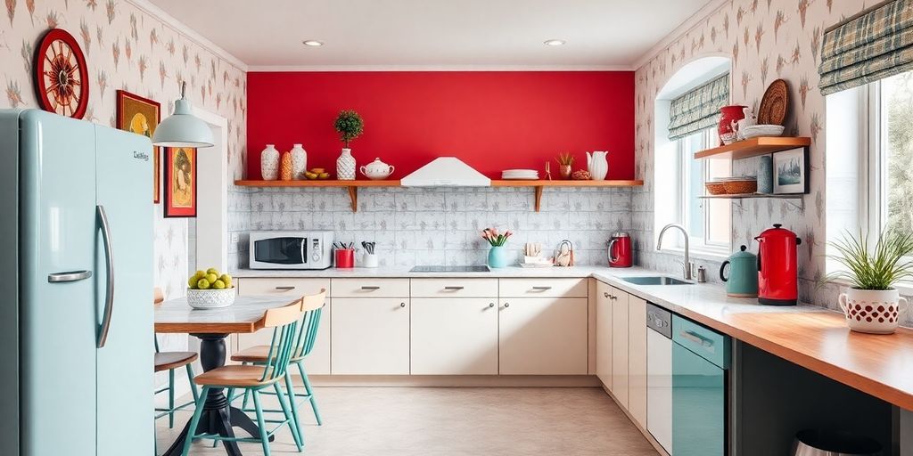 Vintage-inspired kitchen with modern appliances and decor.
