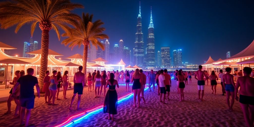 Dubai beach party with guests dancing and city skyline.