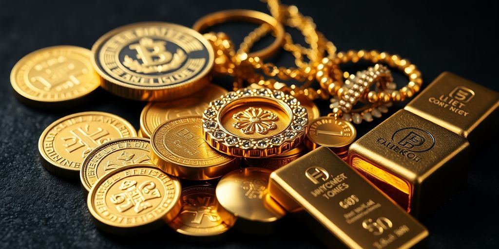 Lingots d'or et bijoux scintillants sur fond sombre.