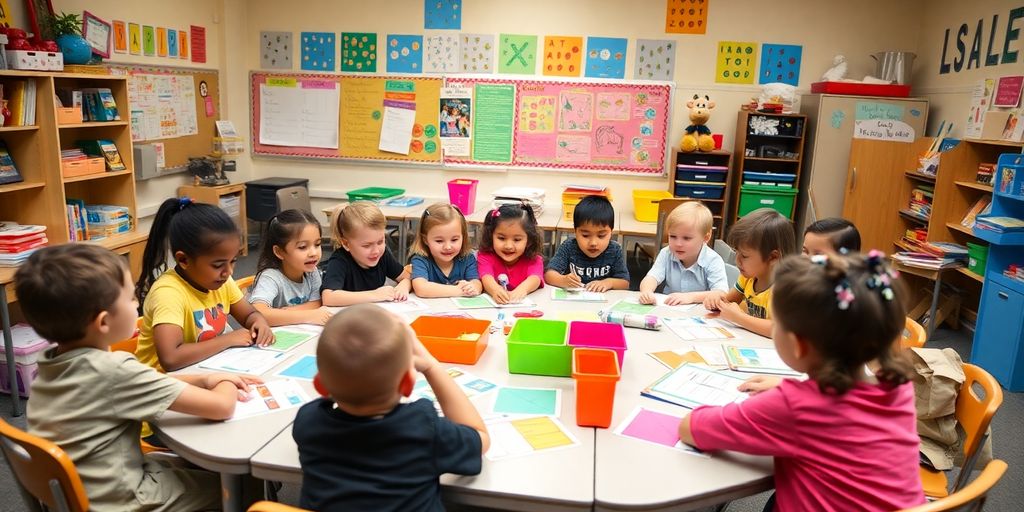 Students engaged in interactive activities in a colorful classroom.