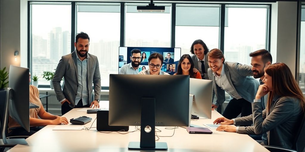 Diverse team in modern office using AI for sales.
