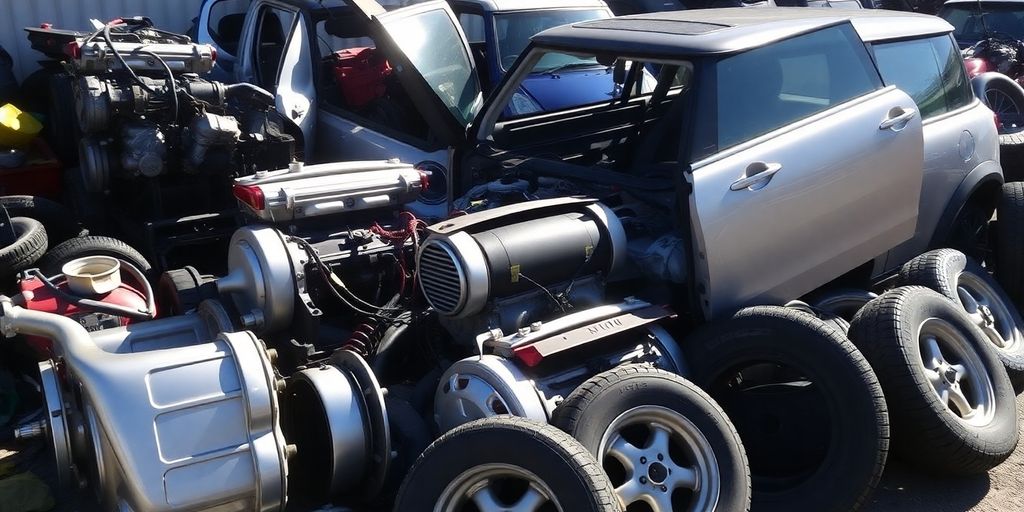 Mini Cooper car parts disassembled.