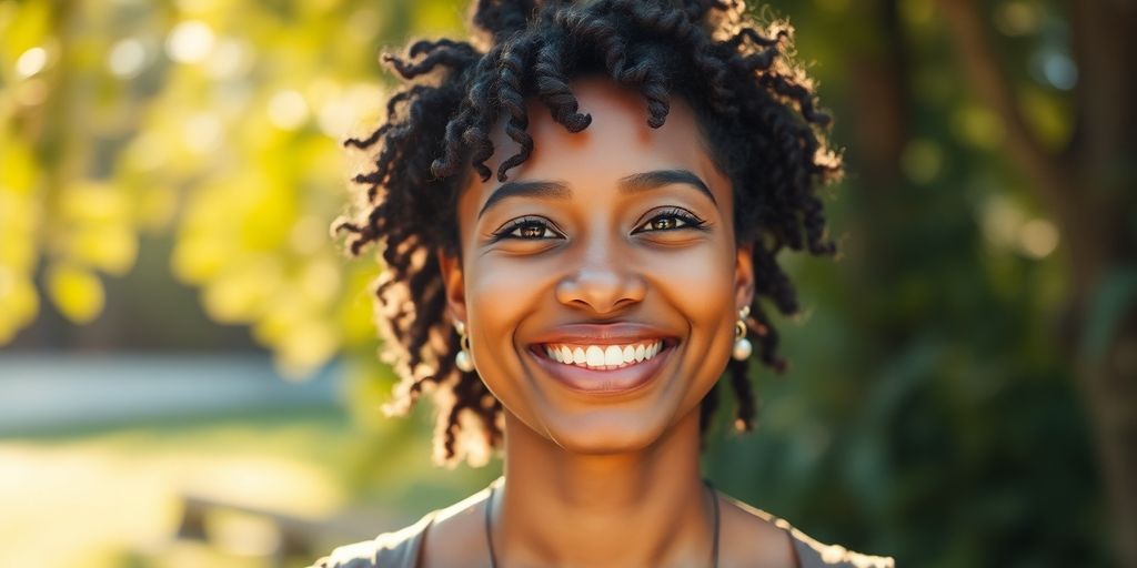 Person smiling positively in nature, showcasing resilience and hope.