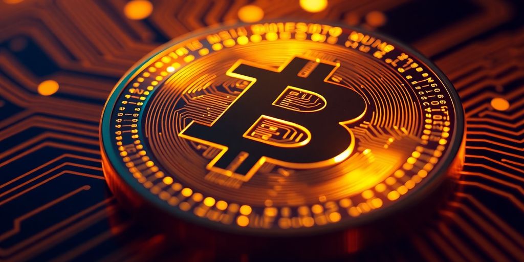 Glowing digital coin, golden light, circuit board background.