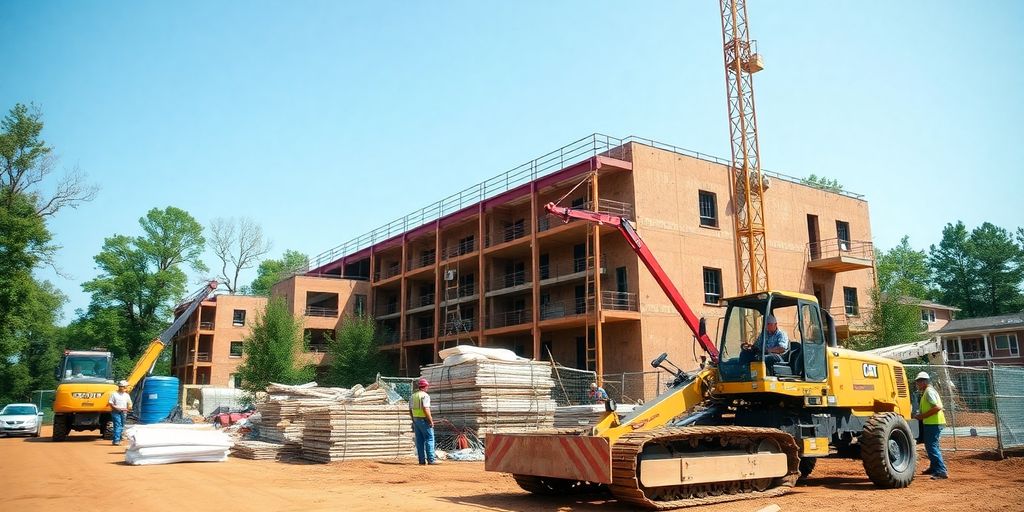 Construction site with workers and equipment in Druid Hills.