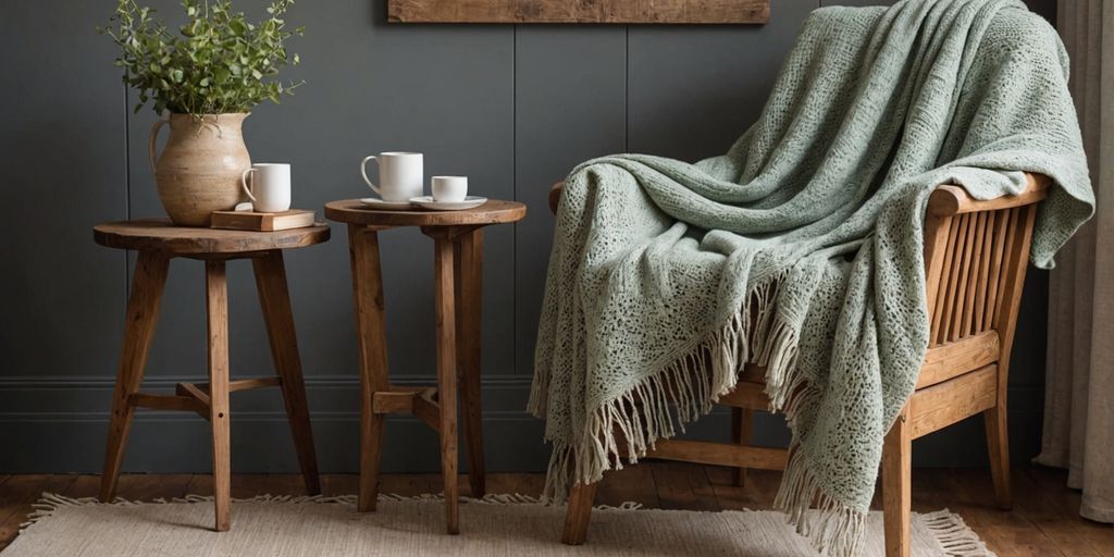 Handcrafted pashmina throw on a wooden chair.