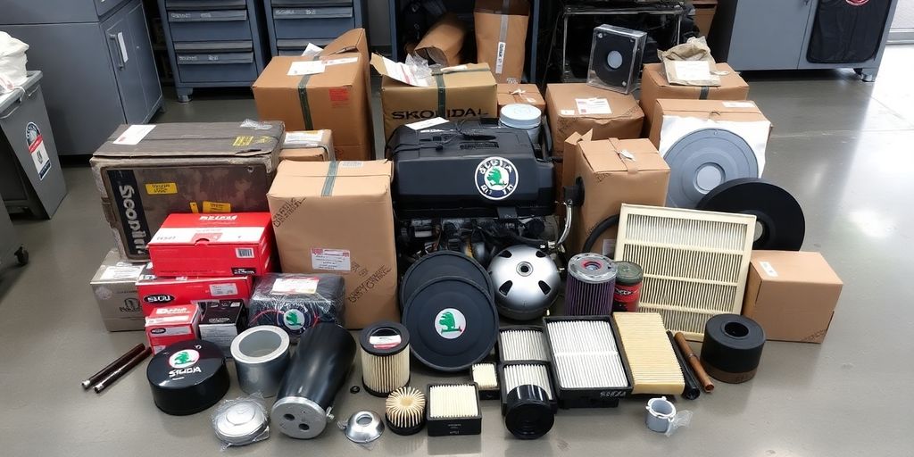Skoda car parts laid out neatly on a clean surface.