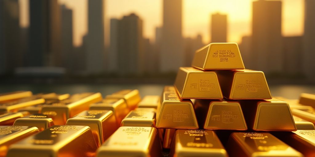 Des lingots d'or bien alignés sur un fond flou.