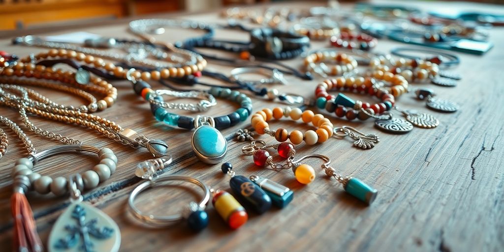Colorful handmade jewelry pieces on a wooden table surface.