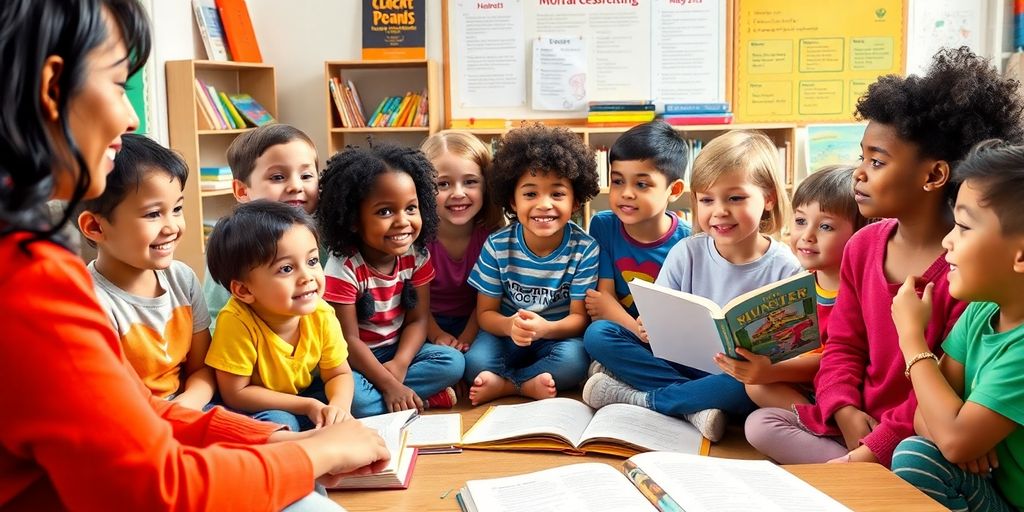 Children in a classroom listening to a storytelling session.