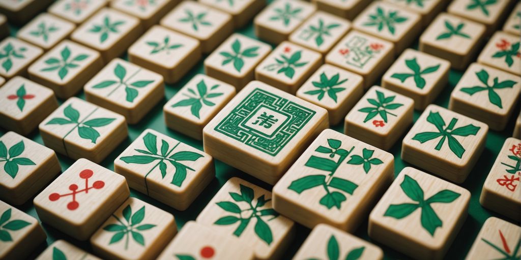 Close-up of Mahjong bamboo tiles in a pattern.