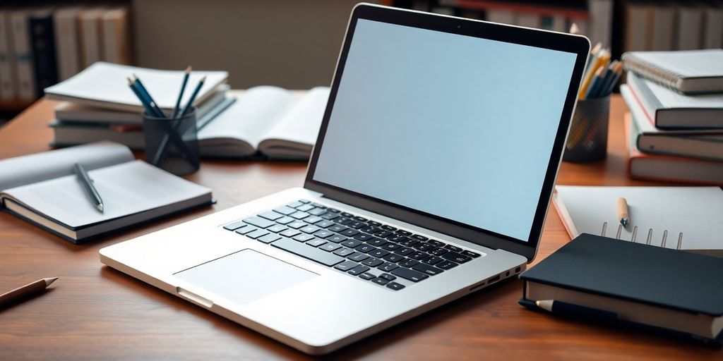 لاب توب حديث على مكتب دراسي مع كتب.