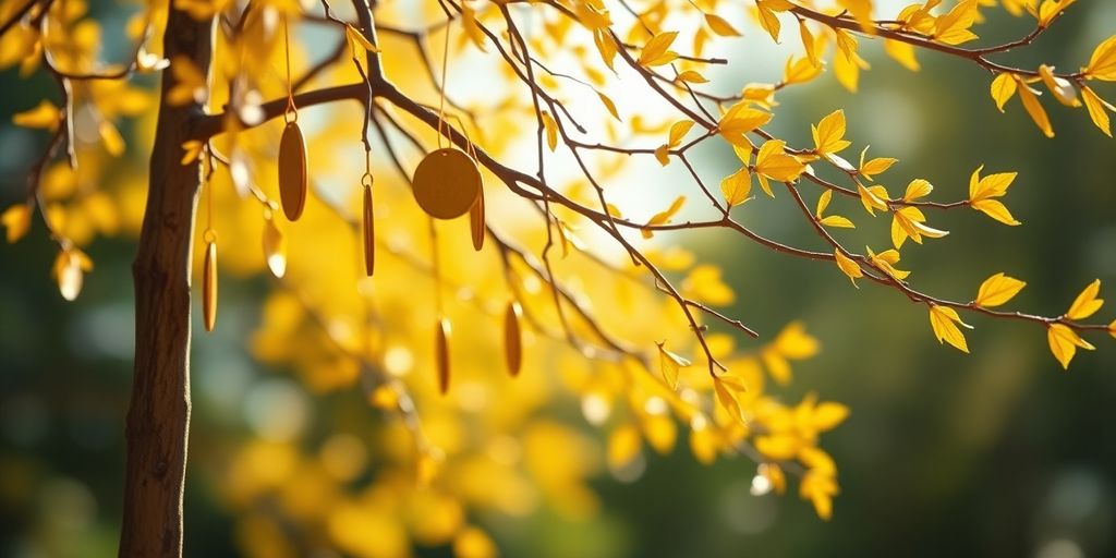 Un arbre doré avec des pièces accrochées aux branches.