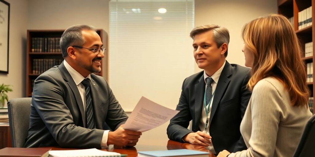 Lawyer consulting with a client about insurance options.