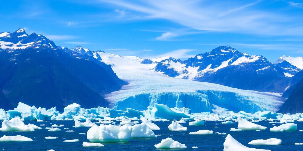 Majestic icebergs float in a serene bay.